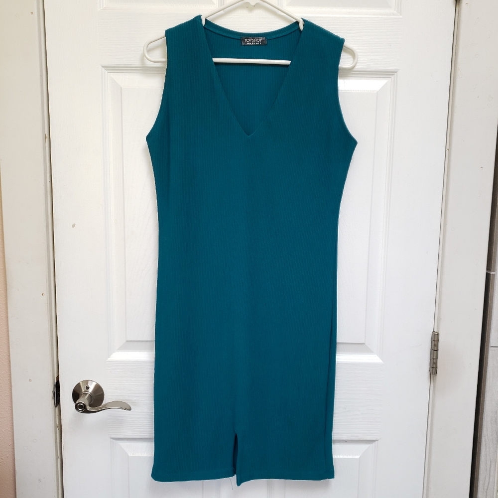 Topshop Teal Ribbed Sleeveless Front Slit Stretchy Bodycon Dress